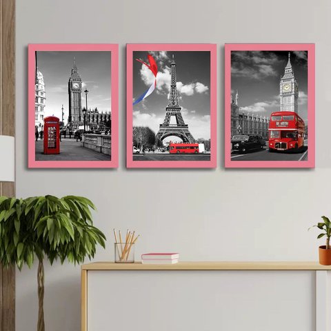 Quadro Decorativo City Paris London + Vidro 33x25 3pç Quarto:rosa