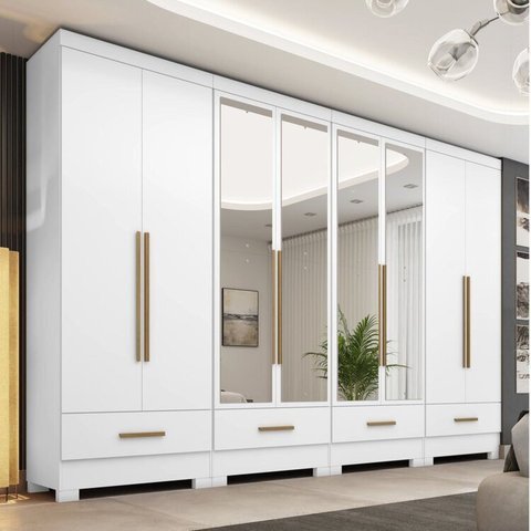 Quarto Modulado 100% MDF 4 Peças 8 Portas 4 Gavetas com Espelhos Smart Plus Branco