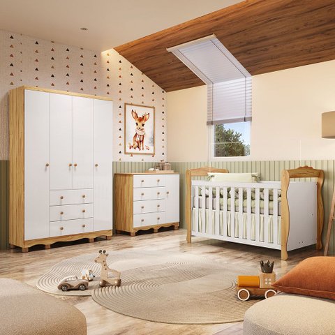 Quarto de Bebê Completo Berço 3 em 1, Guarda-roupa 4 Portas e Cômoda 100% MDF Nina Espresso Móveis