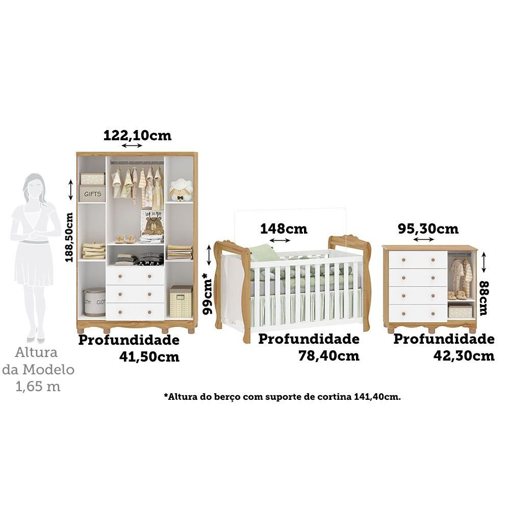 Quarto de Bebê Completo Berço 3 em 1, Guarda-roupa 4 Portas e Cômoda 100% MDF Nina Espresso Móveis - 3