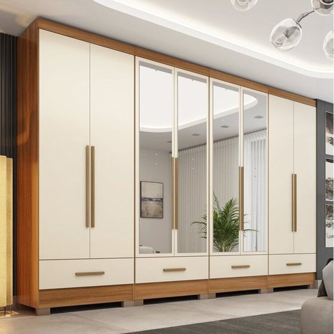 Quarto Modulado 100% MDF 4 Peças 8 Portas 4 Gavetas com Espelhos Smart Plus Bege/Cinamomo/Offwhite