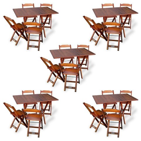 Kit de 5 Conjuntos de Mesa Dobrável 70x110 com 4 Cadeiras Imbuia - Cor: Marrom