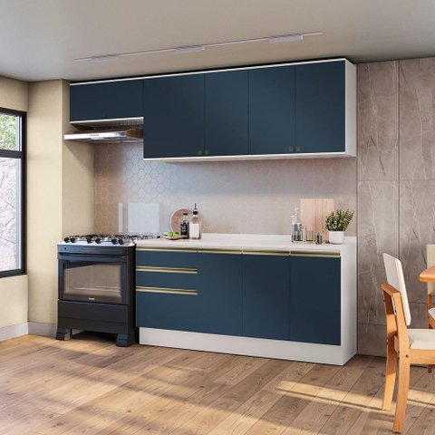 Armário de Cozinha Completa 100% Mdf 260cm Branco/azul Profundo Celeste Kappesberg