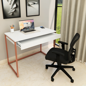 Mesa Escrivaninha com Gaveta Estilo Industrial Moderna 100% Mdf e Aço:branco com Cobre
