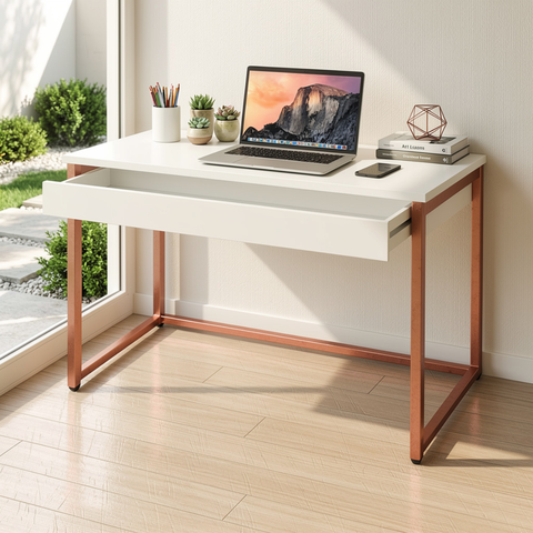 Mesa Escrivaninha com Gaveta Estilo Industrial Moderna 100% Mdf e Aço:branco com Cobre