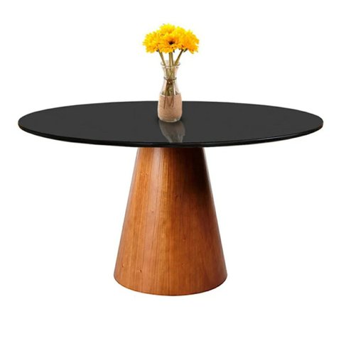 Mesa de Jantar Cone Base Mel 90 Cm Tampo Redondo com Vidro Preto