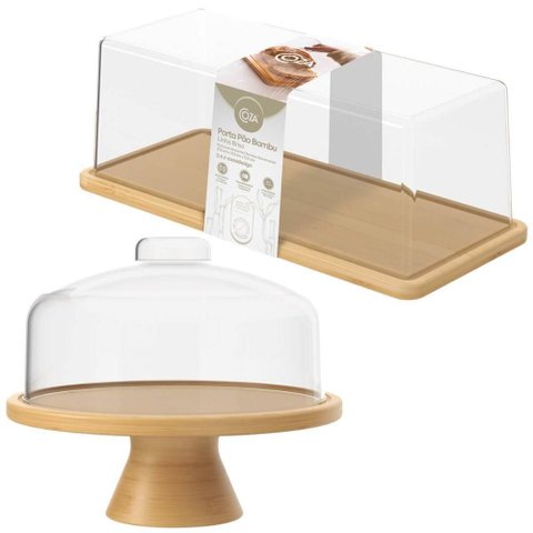 Kit Porta Pão e Boleira Pedestal Bambu com Tampa Coza Brisa Café da Manhã Mesa Posta