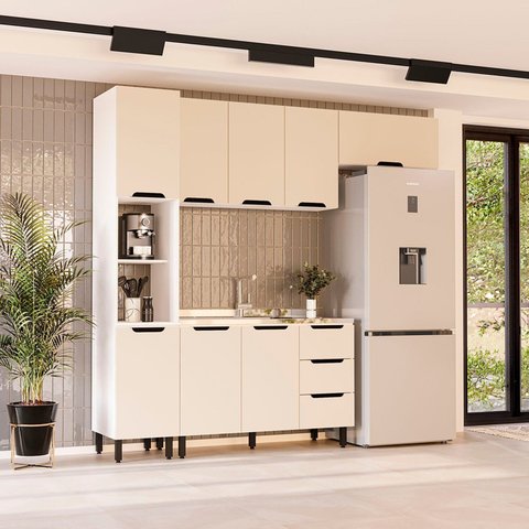 Cozinha Completa 4 Peças 224,5cm x 240cm Amara Bege/Branco/Creme