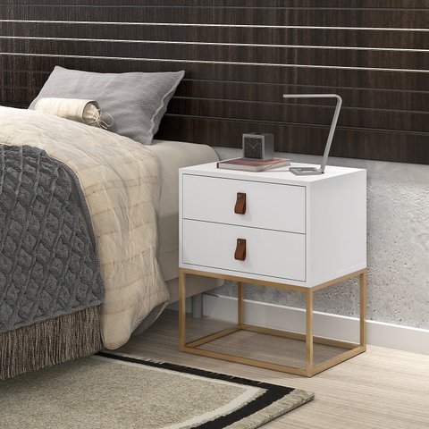 Conjunto 2 Mesa de Cabeceira Estilo Industrial com Puxadores de Couro