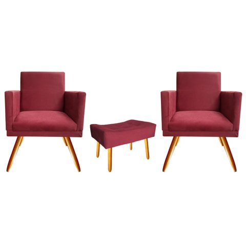 Kit 2 Poltronas Decorativa Bia + Puff Retangular Suede Marsala Pés Madeira Ms Decor