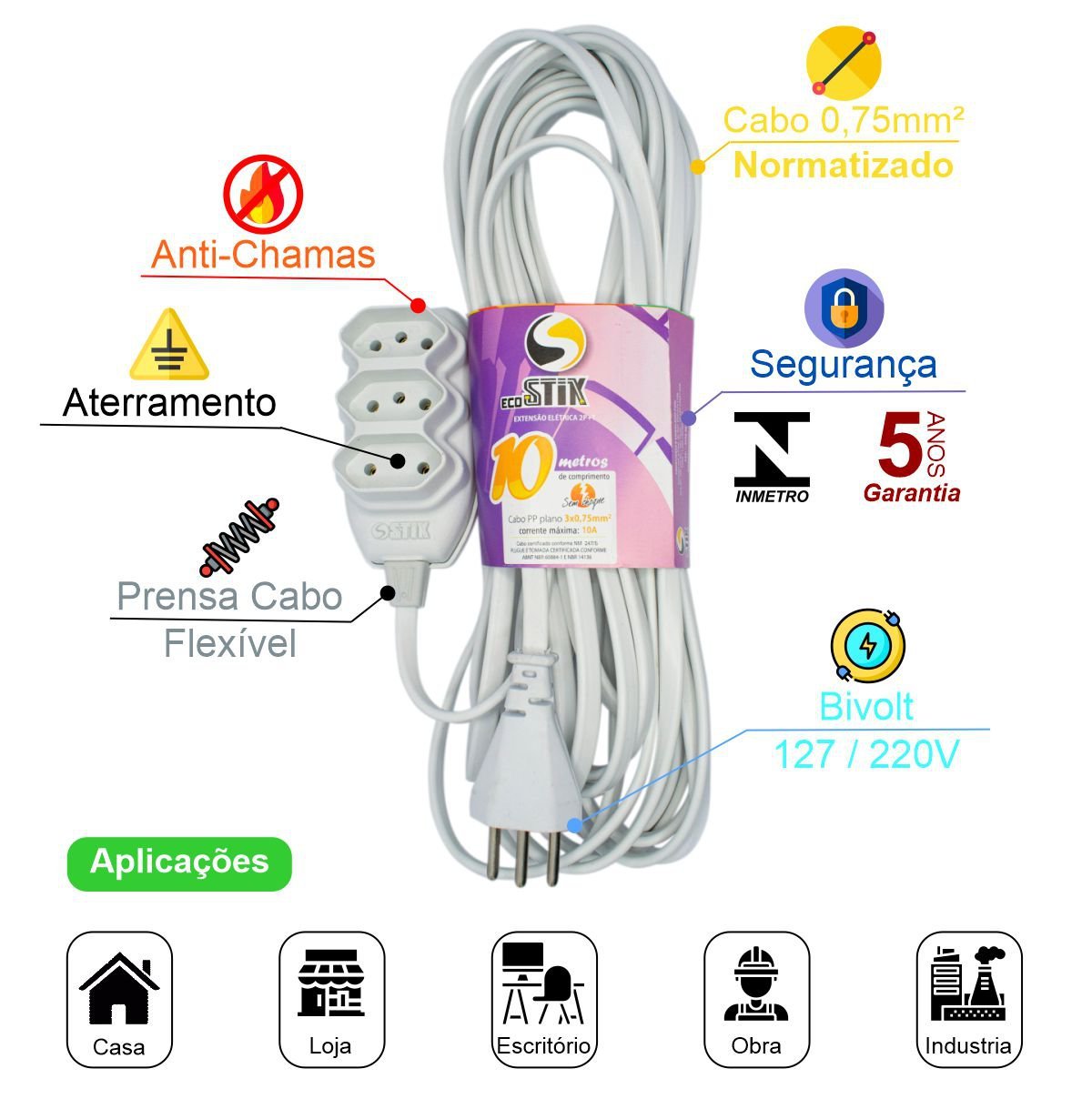 Extensão Elétrica 10 Metros Cabo 3x0,75 2p Certificada - 2