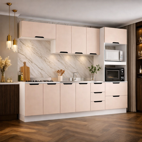 Cozinha 5 Peças Balcão 3 Gavetas 4 Portas Aéreo Basculante Torre Quente sem Tampo Meena Bege/Branco/Creme