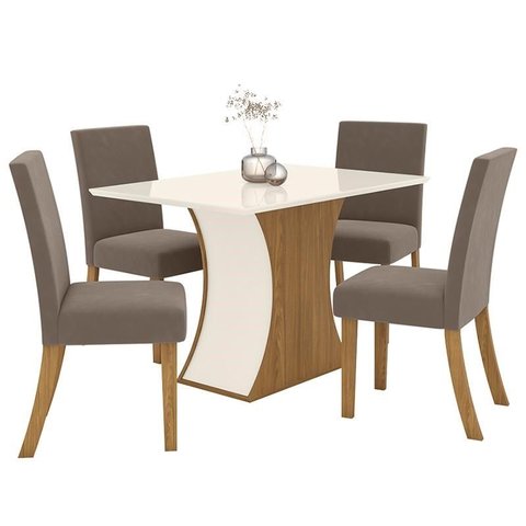 Mesa de Jantar Selena Tampo com Vidro 120x80 Nature/off White e 4 Cadeiras Facina Nature/marrom Amên