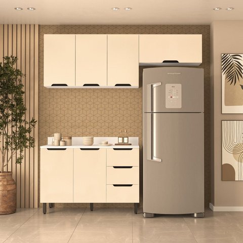 Cozinha 3 Peças Balcão 3 Gavetas 2 Portas Aéreo e Basculante com Tampo Meena Bege/Branco/Creme
