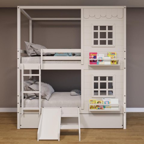 Treliche Casinha Reta com 02 Janelas e Escorregador Madeira Maciça Branco Housin