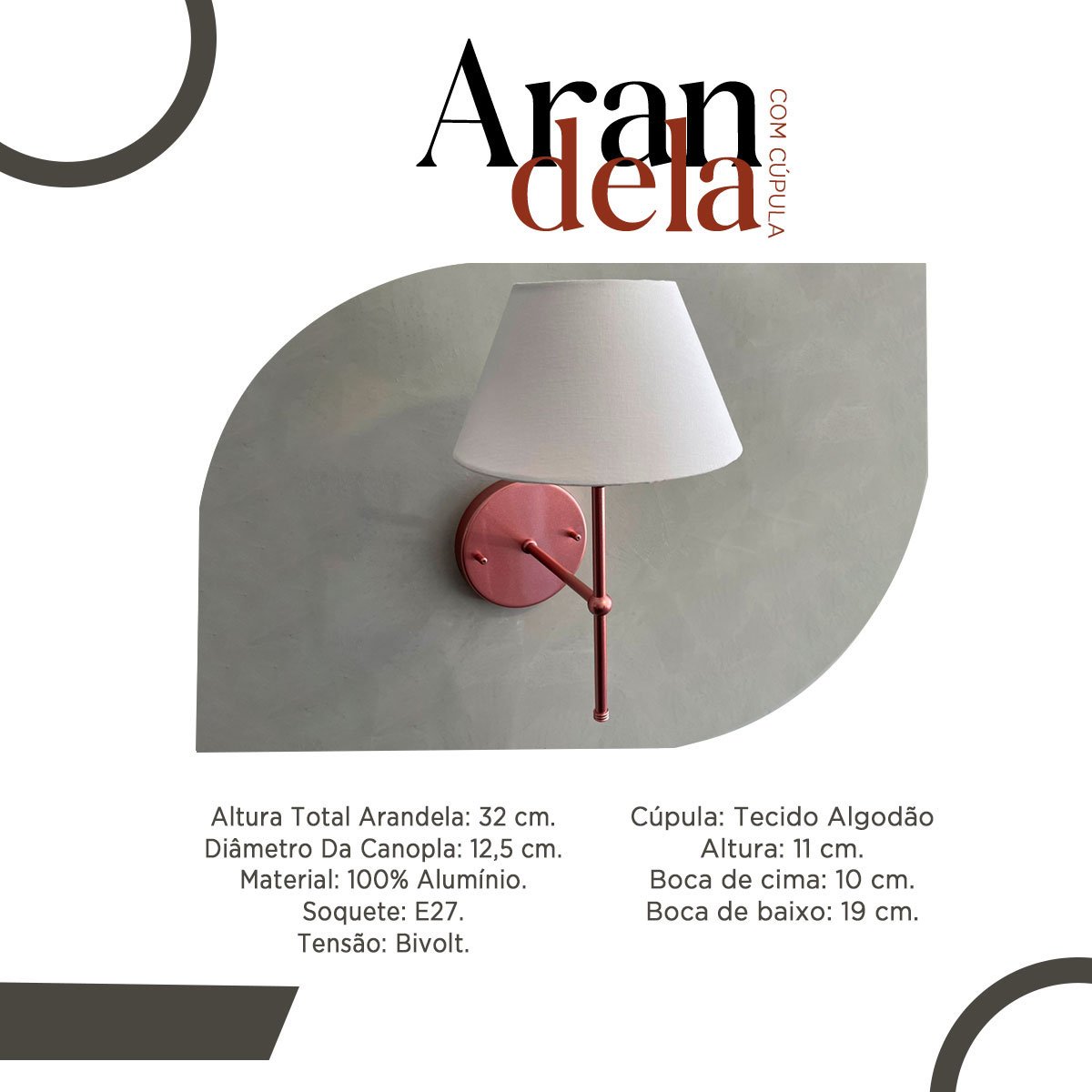 Arandela de Parede Luminaria Clássica Bivolt C/ Cúpula Soquete Nacional E27 - Rose Gold com Branco - 3