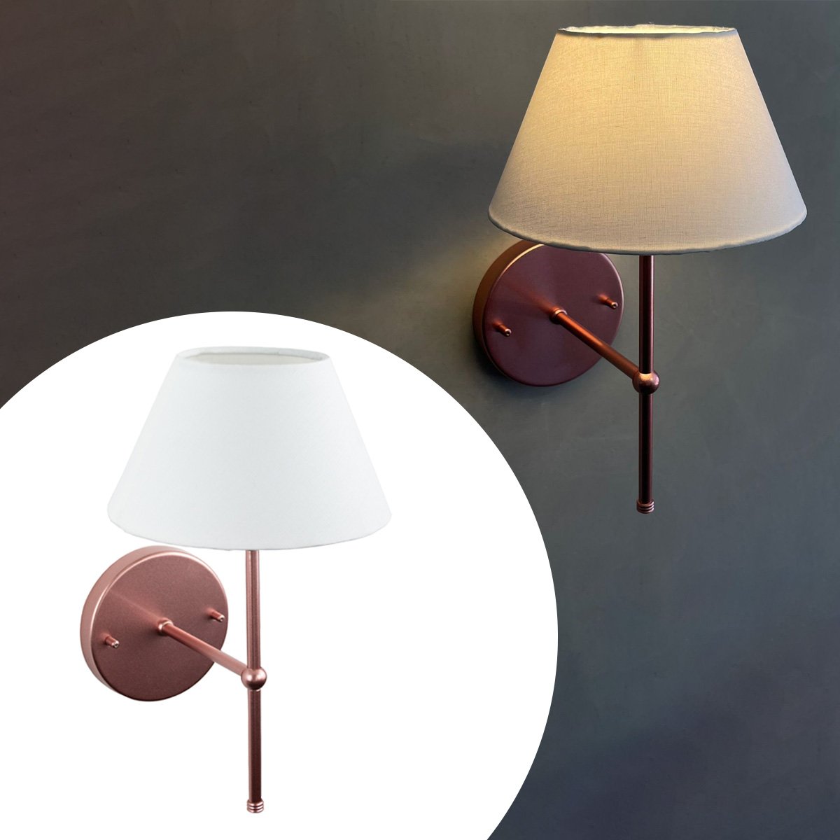 Arandela de Parede Luminaria Clássica Bivolt C/ Cúpula Soquete Nacional E27 - Rose Gold com Branco - 1