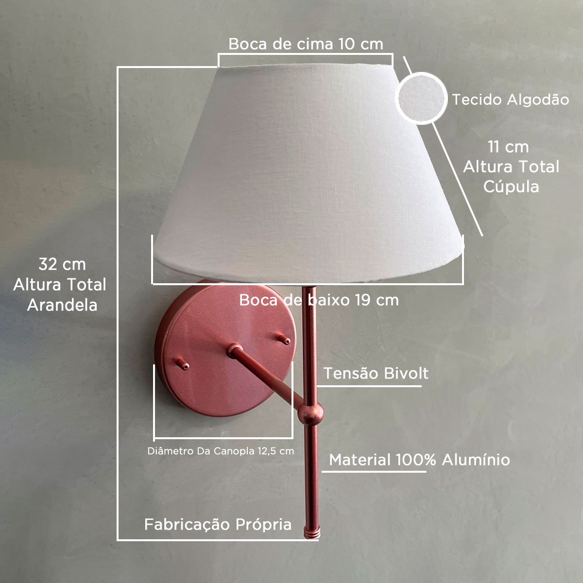 Arandela de Parede Luminaria Clássica Bivolt C/ Cúpula Soquete Nacional E27 - Rose Gold com Branco - 2