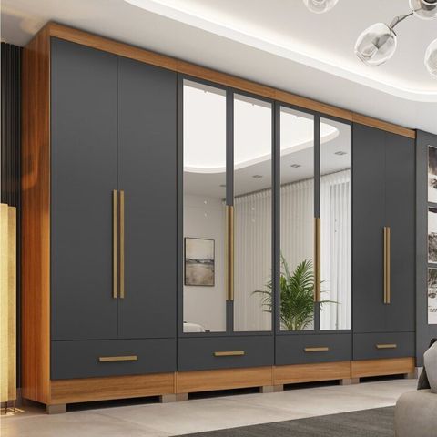 Quarto Modulado 100% MDF 4 Peças 8 Portas 4 Gavetas com Espelhos Smart Plus Bege/Cinamomo/Chumbo