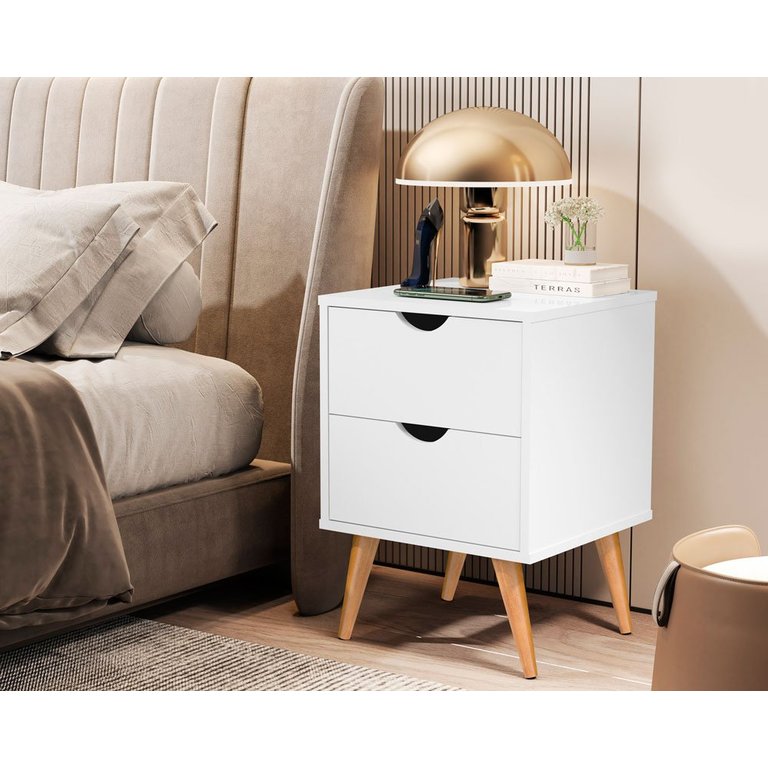 Mesa de Cabeceira Madri com 2 Gavetas - Pés Retrô em Madeira - Branco