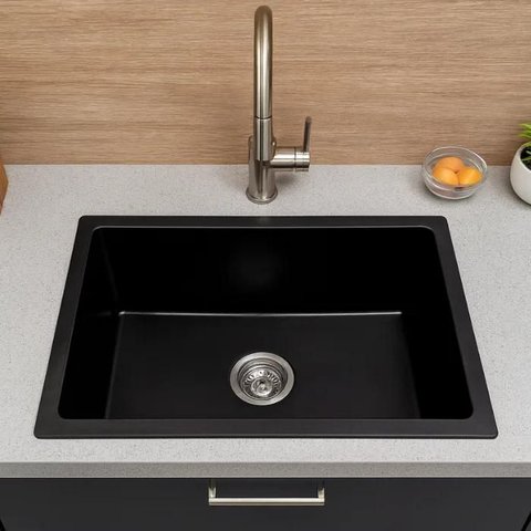 Cuba de Quartzo 550x450x200mm Preta com Sifao e Valvula (R)