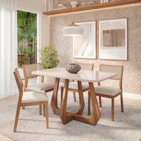 Conjunto Sala de Jantar com Mesa Bromélia 130 com Vidro e 4 Cadeiras Oiti Marrom/Madeira/Off White/C