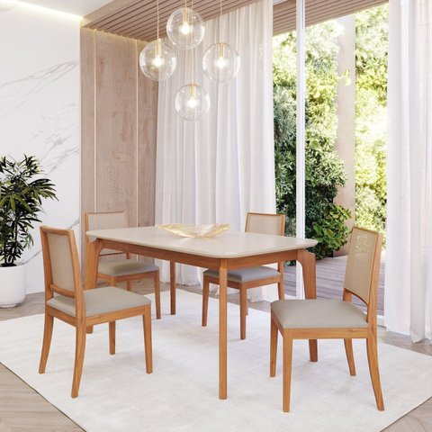 Conjunto Sala de Jantar com Mesa Ficus 130 com Vidro e 4 Cadeiras Buriti Marrom/Madeira/Off White/Cr