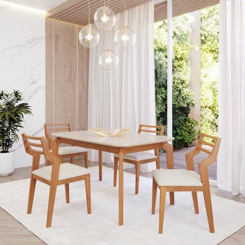 Sala de Jantar Ficus 130cm com 4 Cadeiras Damasco Marrom/Madeira/Offwhite