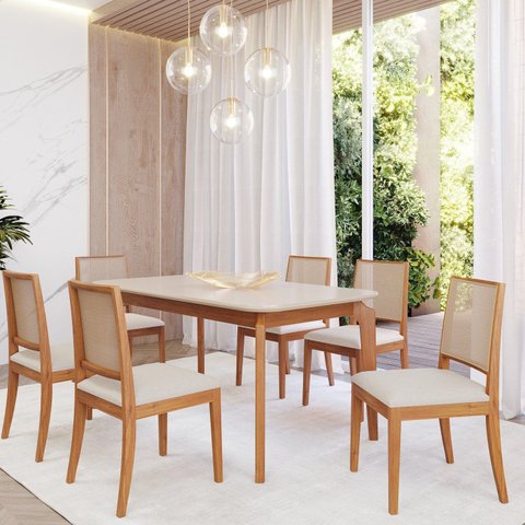 Sala de Jantar Ficus 160cm com 6 Cadeiras Buriti Marrom/Madeira/Offwhite