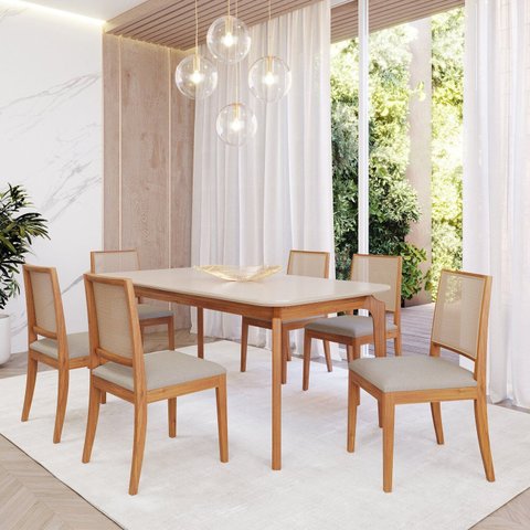 Conjunto Sala de Jantar com Mesa Ficus 180 com Vidro e 6 Cadeiras Buriti Marrom/Madeira/Offwhite/Cin