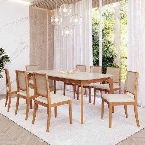 Conjunto Sala de Jantar com Mesa Ficus 210 com Vidro e 8 Cadeiras Buriti Marrom/Madeira/Offwhite