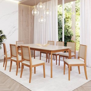 Conjunto Sala de Jantar com Mesa Ficus 210 com Vidro e 8 Cadeiras Buriti