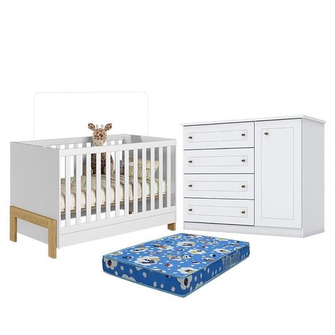 Berço Americano Mini Cama Fantasia Branco Acetinado – Qmovi e Cômoda Infantil Americano Branco HP e 