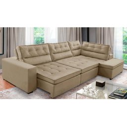 Sofá de Canto Retrátil e Reclinável com Molas 3,00x2,00 Virginia Suede Bege Adonai Estofados - 1