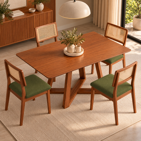 Kit Mesa Sala de Jantar Retangular 160cm Base X 4 Cadeiras Estofadas Encosto Tela MDF Pinhão/Verde