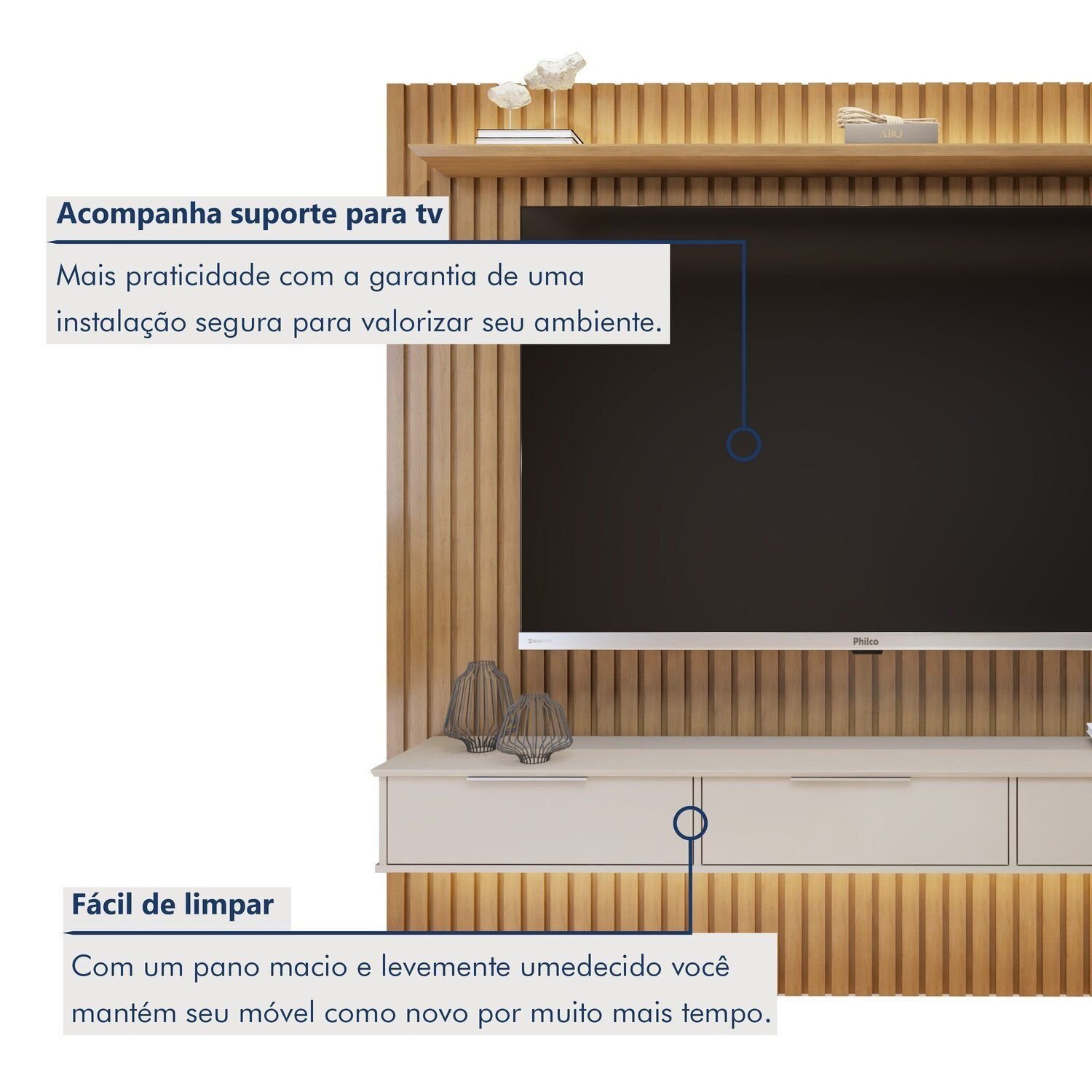 Painel Suspenso Ripado 227,6 Cm com Nicho Vitória Dupla Fita de Led 100% Mdf - 8