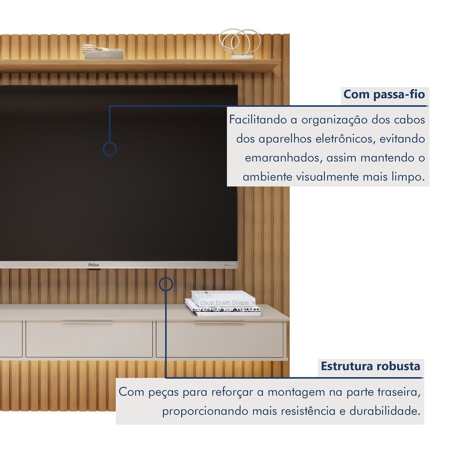 Painel Suspenso Ripado 227,6 Cm com Nicho Vitória Dupla Fita de Led 100% Mdf - 9