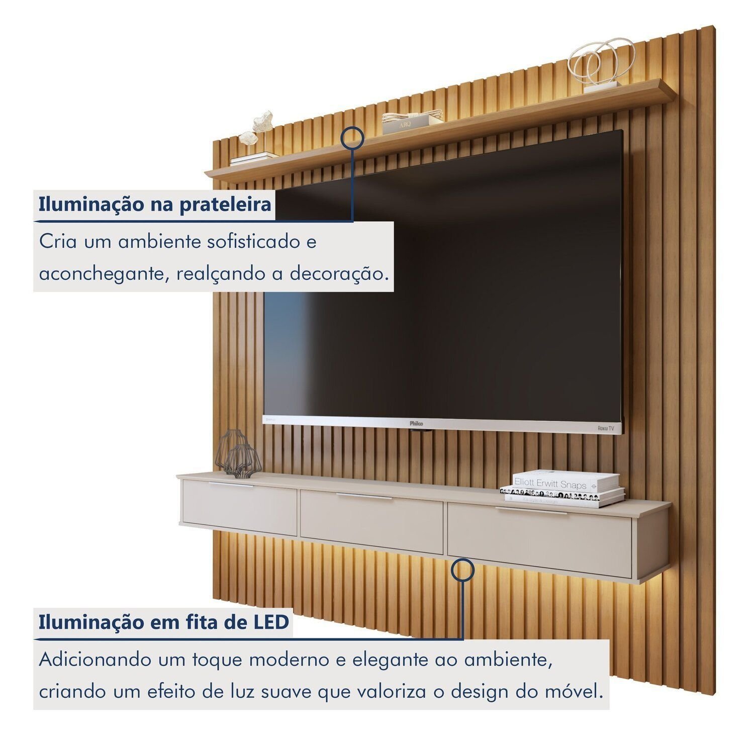 Painel Suspenso Ripado 227,6 Cm com Nicho Vitória Dupla Fita de Led 100% Mdf - 7