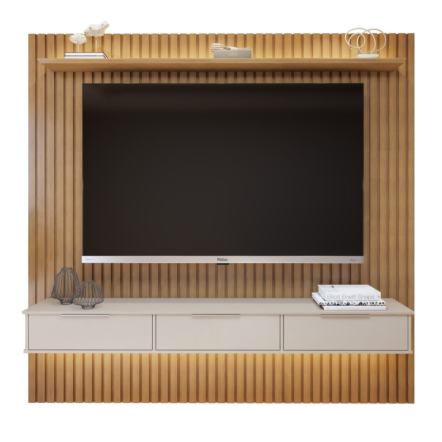 Painel Suspenso Ripado 227,6 Cm com Nicho Vitória Dupla Fita de Led 100% Mdf - 14