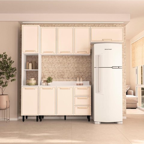 Cozinha Amara 4 Peças 240cm Armários Aéreos Paneleiro Balcão com Tampo Branco/Creme 250090