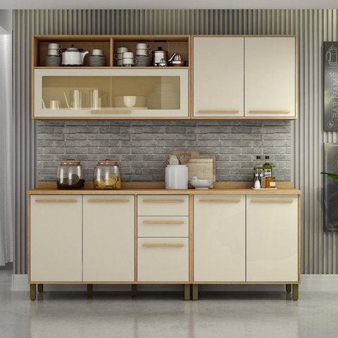 Cozinha Completa Modulada 4 Peças 8 Portas 2 Gavetas Salvador Bege/Cinamomo/Off White