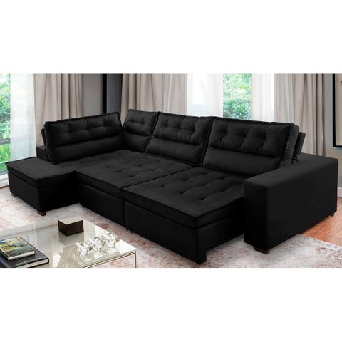 Sofá de Canto Retrátil e Reclinável com Molas 3,40x2,00 Esq Virginia Suede Preto Adonai
