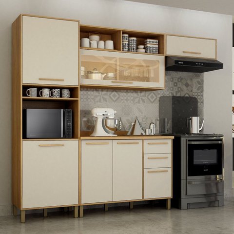 Cozinha Completa Modulada 4 Peças 7 Portas 2 Gavetas Salvador Bege/Cinamomo/Off White