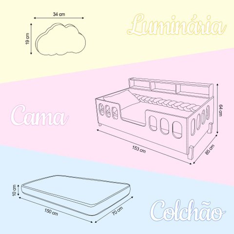 Cama Infantil Nina em Mdf com Colchão e Enxoval Trança Cinza com Luminária Nuvem em Led - Branco