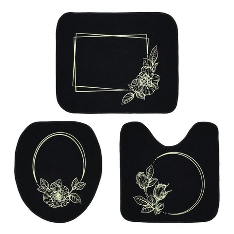 Tapete Jogo de Banheiro Preto Antiderrapante Kit 3 Peças Rosas Marfim