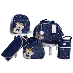 Bolsa maternidade bebê kit 5 pç azul luxo urso impermeável - 1