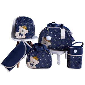 Bolsa maternidade bebê kit 5 pç azul luxo urso impermeável