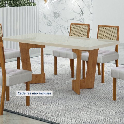 Mesa de Jantar 6 Lugares Retangular 160cm Tampo Vidro/MDF de 4cm Liz Bege/Cinamomo/Off White