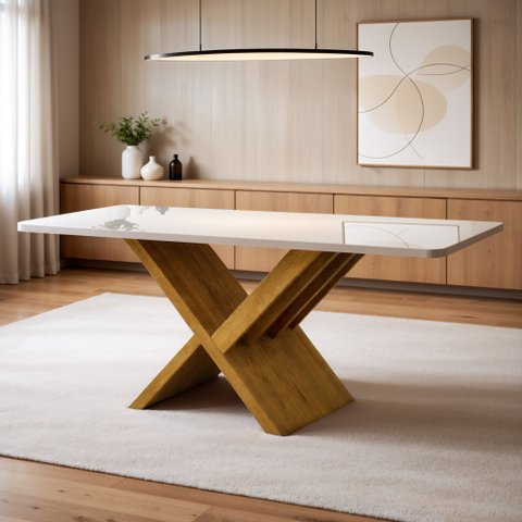 Mesa de Jantar 6 Lugares Retangular 180cm Tampo Vidro/MDF de 4cm Aurora Bege/Cinamomo/Off White