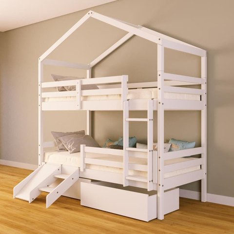 Beliche Solteiro Casinha com Gavetas Grade Proteção e Kit Escada/Escorregador Madeira Maciça